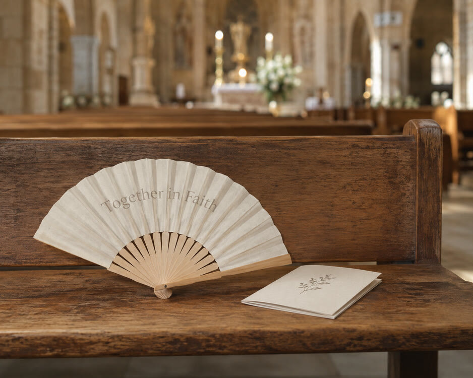Printed fabric hand fan on a wooden church pew beside a service booklet