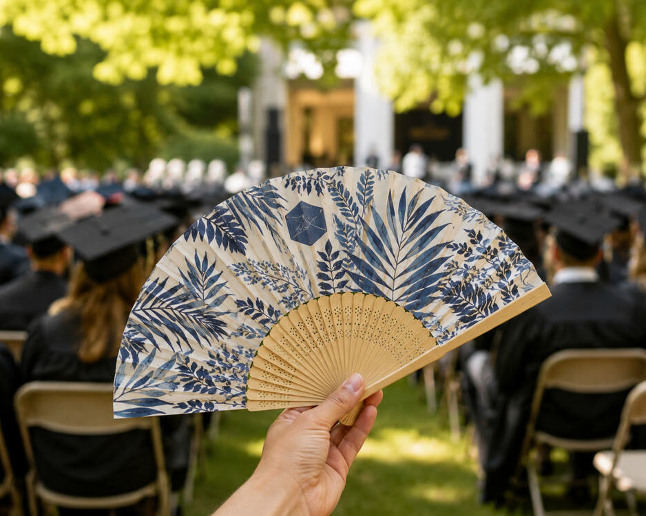 Full-surface printed bamboo hand fan held at an outdoor graduation ceremony