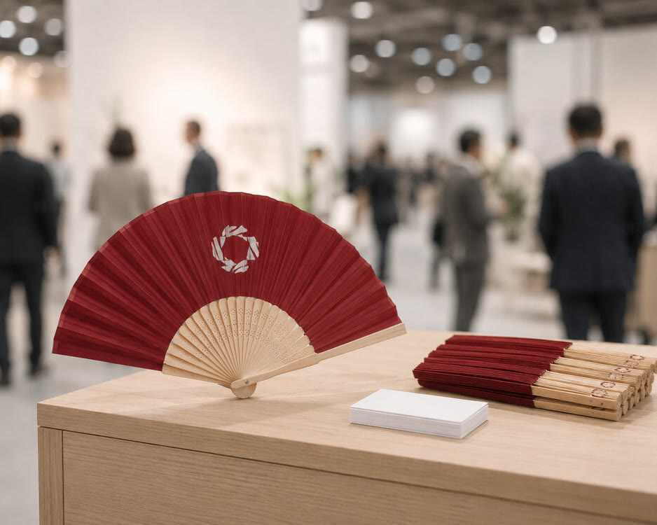 Custom printed fabric hand fans stacked on a trade show booth counter