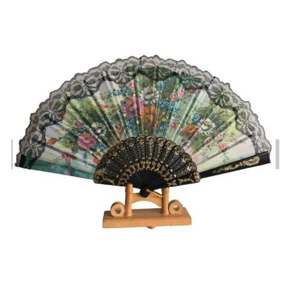 Lace-edged floral folding fan on display stand