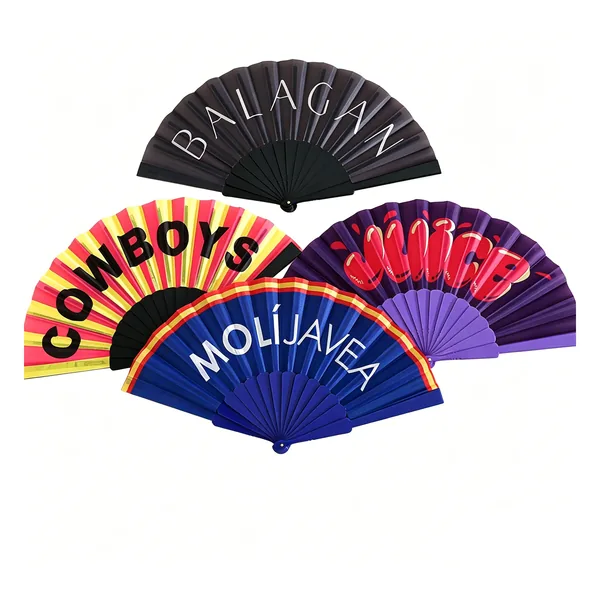 Custom black folding fan 16.5″, bamboo ribs, event size — design 4