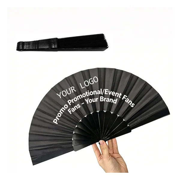 Custom black folding fan 16.5″, bamboo ribs, event size