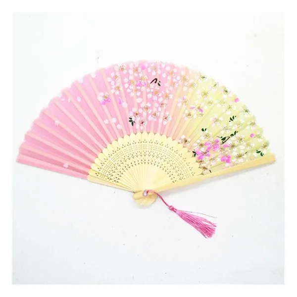 Custom bamboo folding fan, black ombre cherry blossom — stock design 6