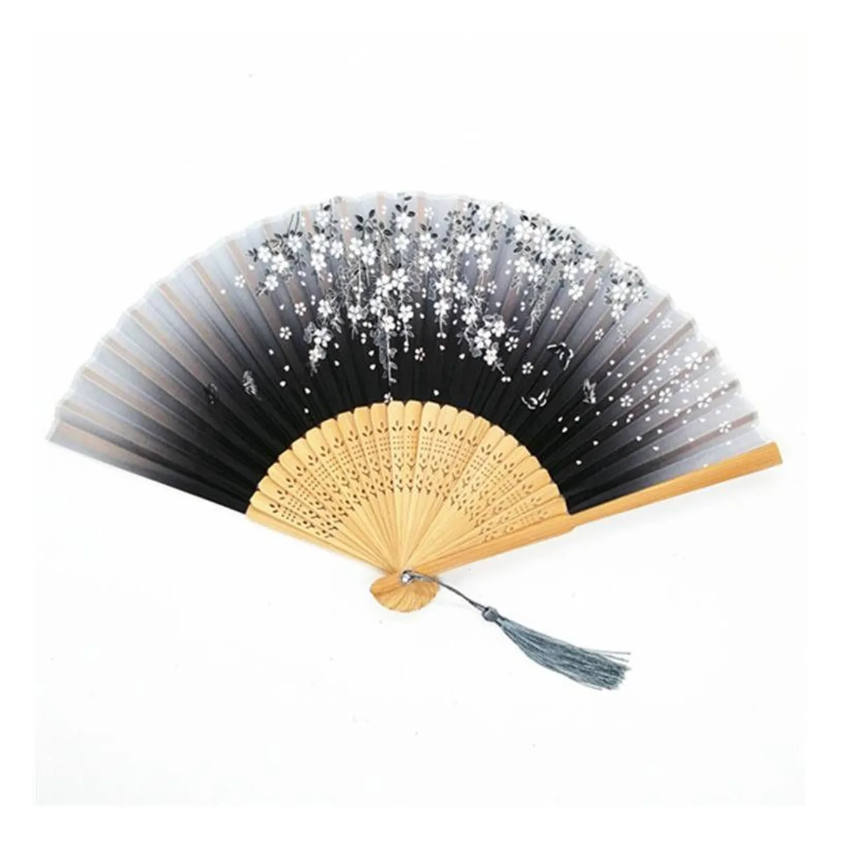 Custom bamboo folding fan, black ombre cherry blossom — custom printed with a logo