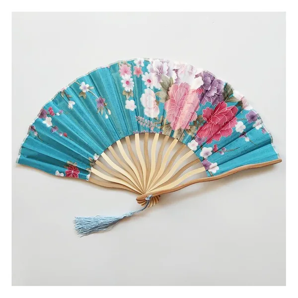 Custom dragon bamboo folding fan, turquoise floral satin
