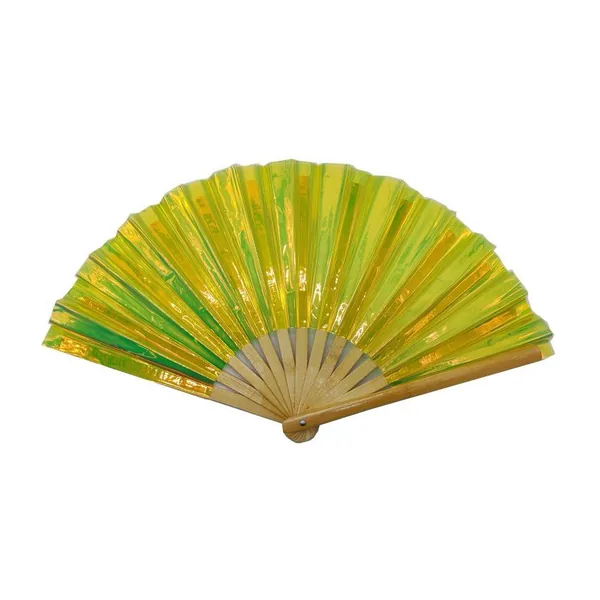 Custom iridescent folding fan 33 cm, lime PVC, bamboo ribs — design 3