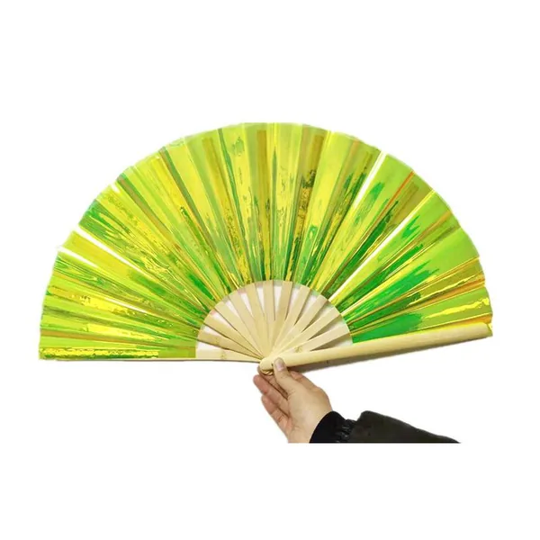Custom iridescent folding fan 33 cm, lime PVC, bamboo ribs