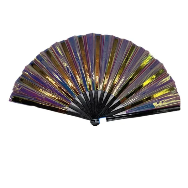 Custom iridescent folding fan 33 cm, violet & gold PVC — design 4