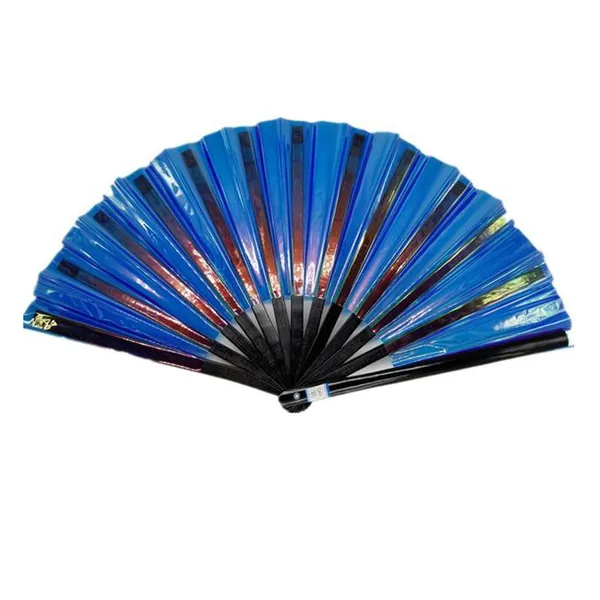 Custom iridescent folding fan 33 cm, violet & gold PVC — stock design 5