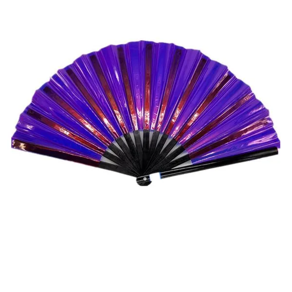 Custom iridescent folding fan 33 cm, violet & gold PVC — stock design 6