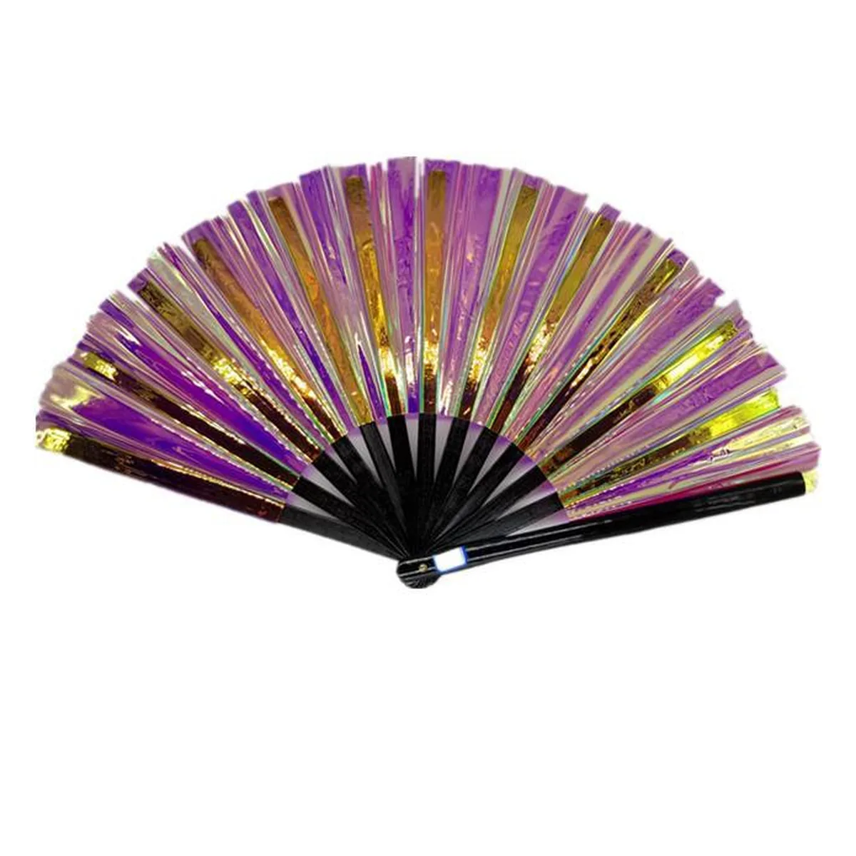 Custom iridescent folding fan 33 cm, violet & gold PVC — custom printed with a logo