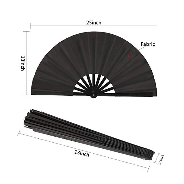 Custom large bamboo rave folding fan, black, with fabric sleeve — design 2