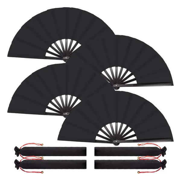 Custom large bamboo rave folding fan, black, with fabric sleeve — design 4