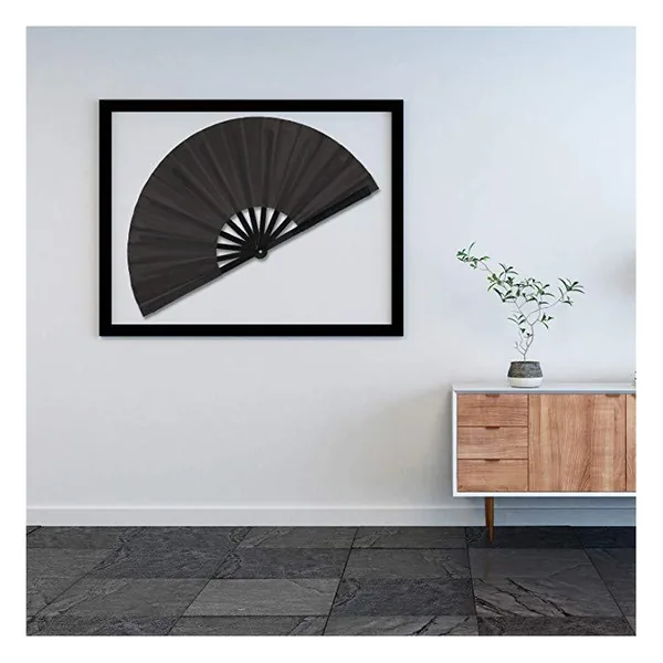 Custom large bamboo rave folding fan, black, with fabric sleeve — stock design 6