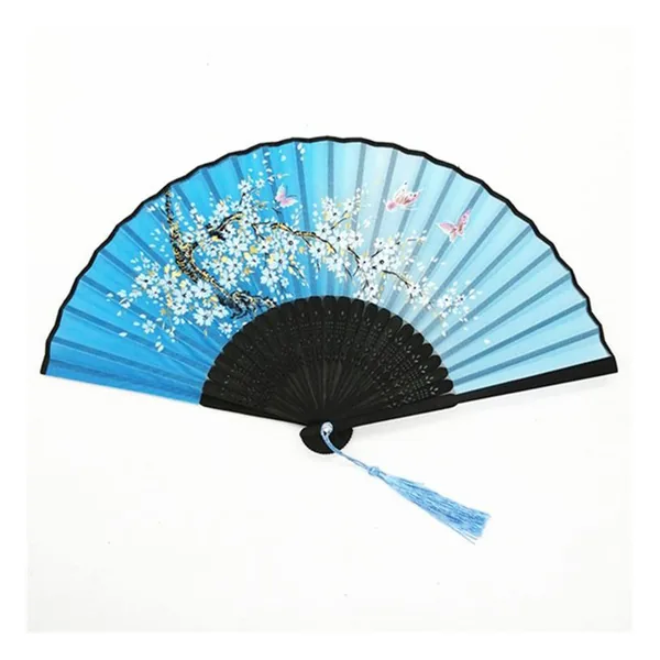 Custom bamboo folding fan, lavender butterflies, black ribs — design 3