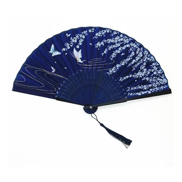Custom bamboo folding fan, midnight blue butterflies