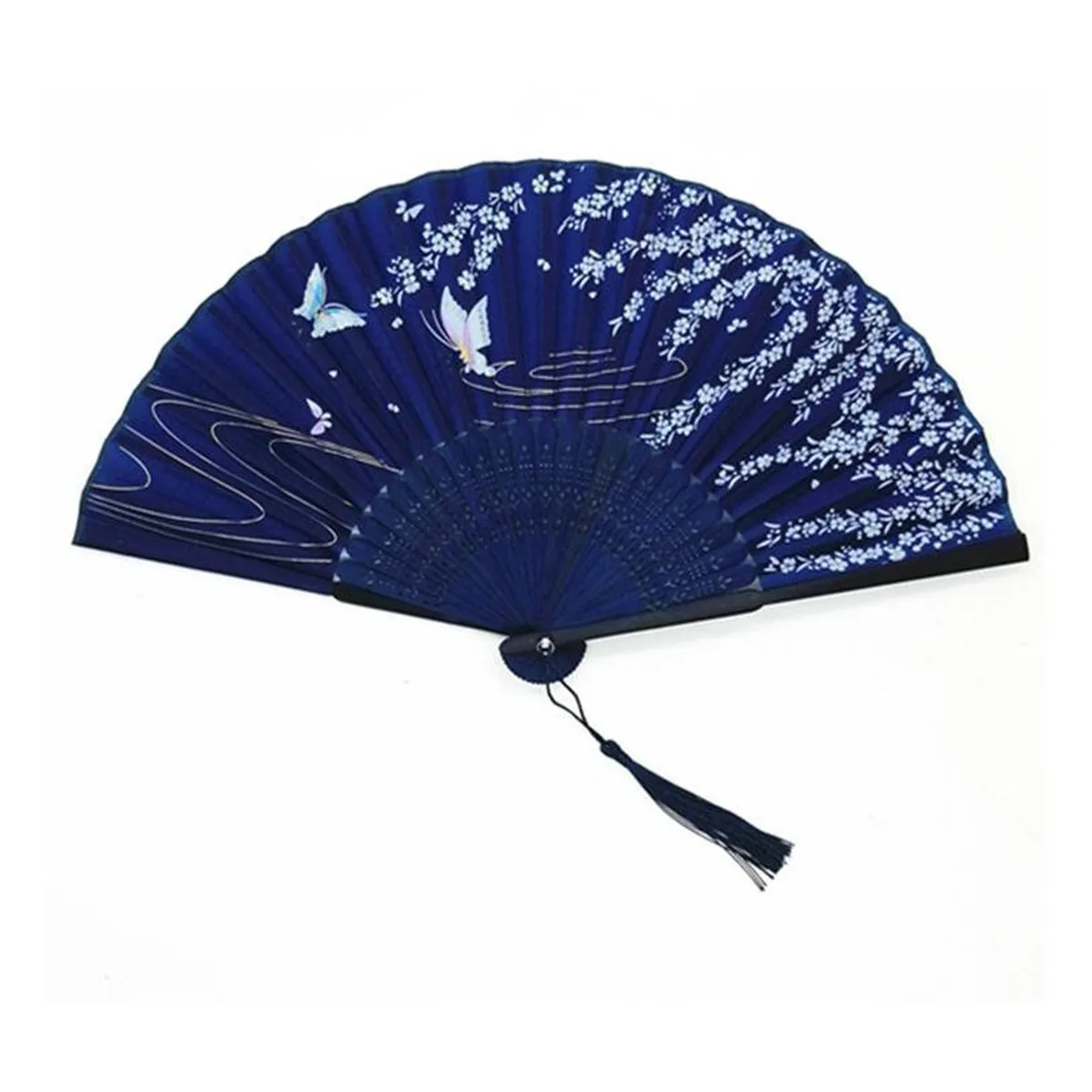 Custom bamboo folding fan, midnight blue butterflies — custom printed with a logo