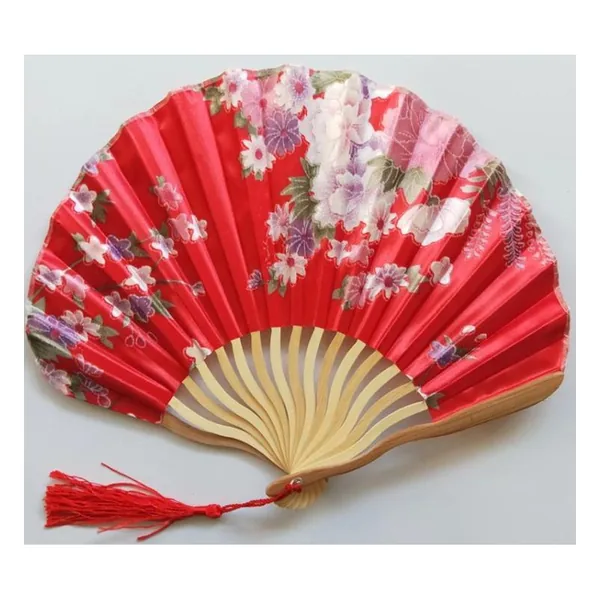 Custom shell bamboo folding fan, black floral satin — design 2