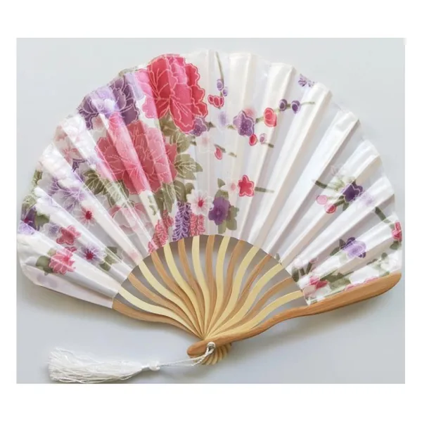 Custom shell bamboo folding fan, black floral satin — design 3