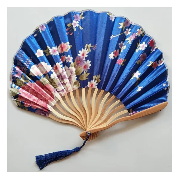 Custom shell bamboo folding fan, black floral satin — stock design 5