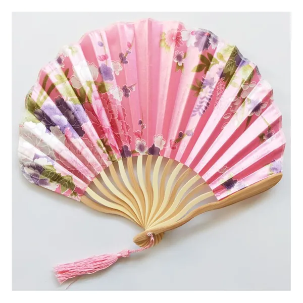 Custom shell bamboo folding fan, black floral satin — stock design 6