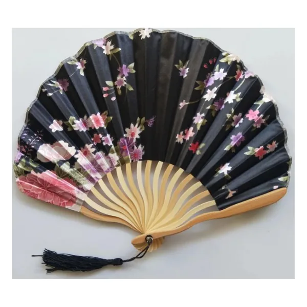 Custom shell bamboo folding fan, black floral satin
