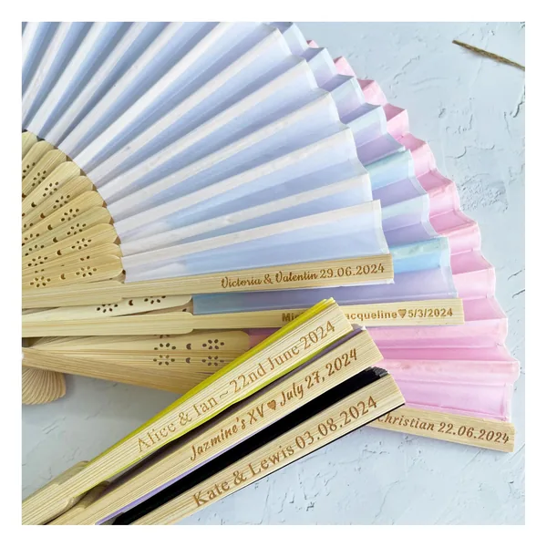 Personalized white wedding folding fan, silk & bamboo, organza bag — design 2