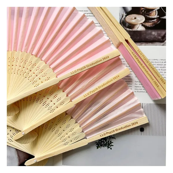 Personalized white wedding folding fan, silk & bamboo, organza bag — design 4