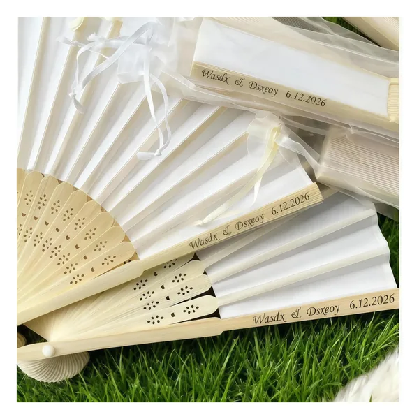 Personalized white wedding folding fan, silk & bamboo, organza bag