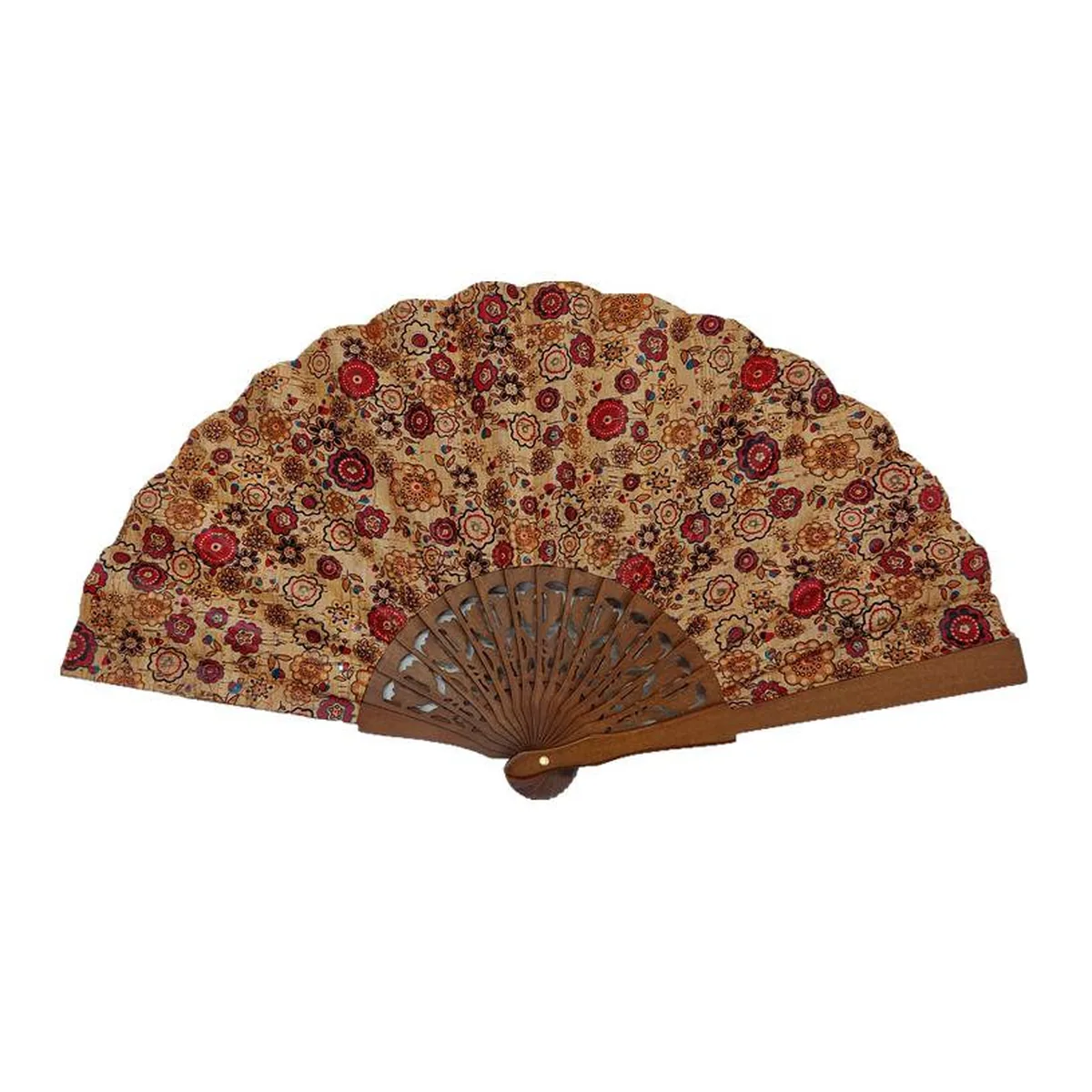 Custom cork-leaf folding fan, floral print, carved ribs — custom printed with a logo
