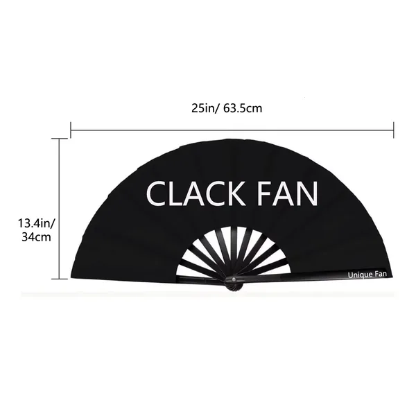 Custom black rave folding fan, satin leaf, large format — design 2