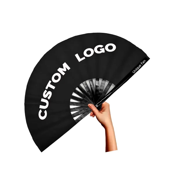 Custom black rave folding fan, satin leaf, large format — design 3