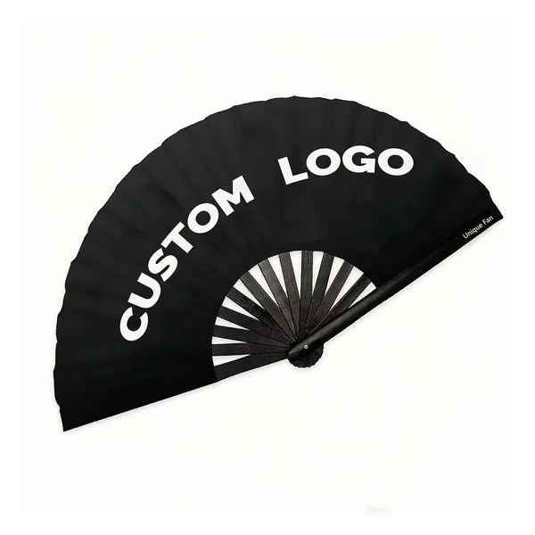 Custom black rave folding fan, satin leaf, large format — design 4