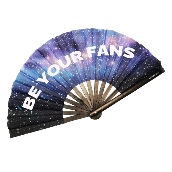 Custom black rave folding fan, satin leaf, large format — stock design 5