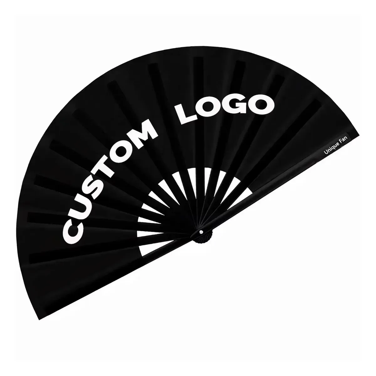 Custom black rave folding fan, satin leaf, large format — custom printed with a logo