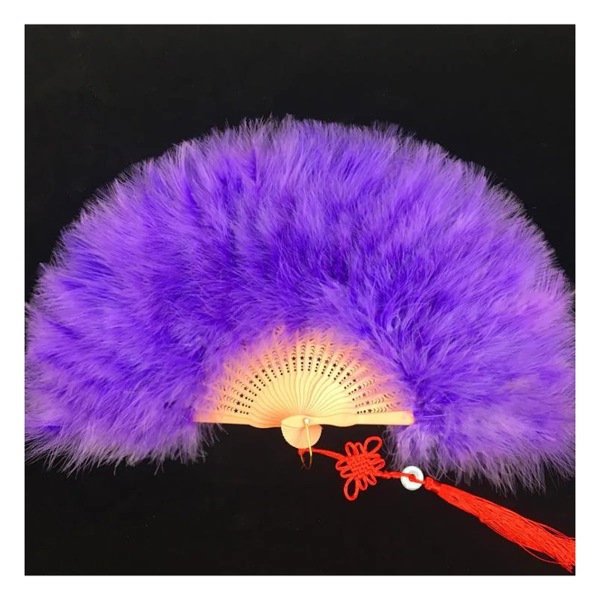Custom feather folding fan, purple marabou — custom printed with a logo