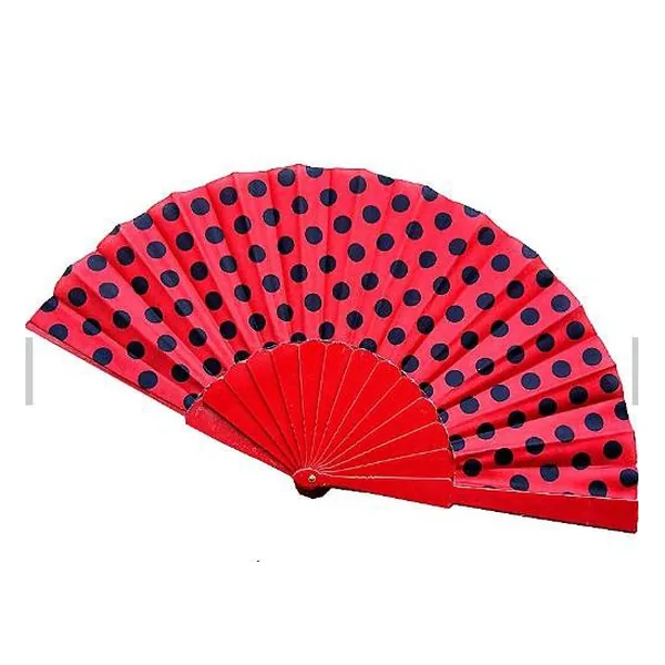 Flamenco folding fan, red & black polka dots
