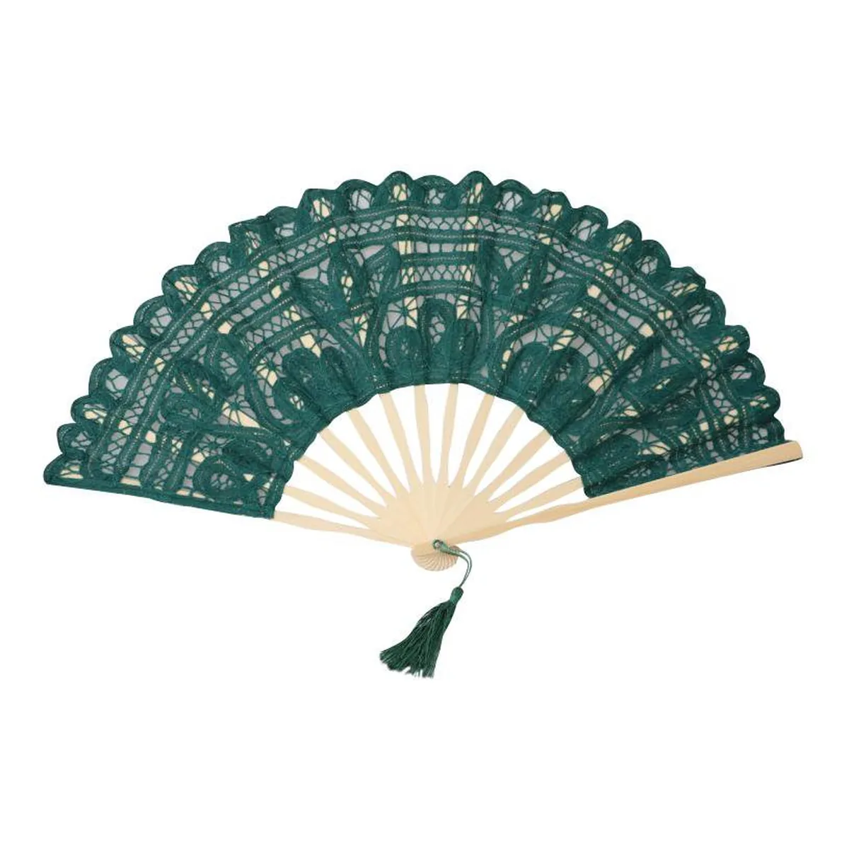 Custom lace folding fan, emerald green, tassel — custom printed with a logo