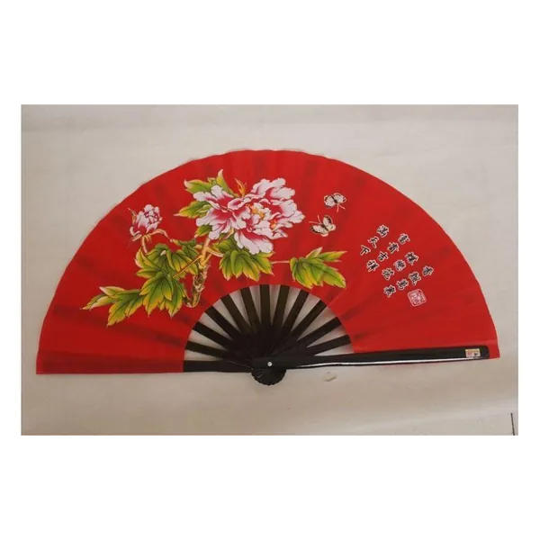 Large plastic folding fan 33 cm, red peony fabric