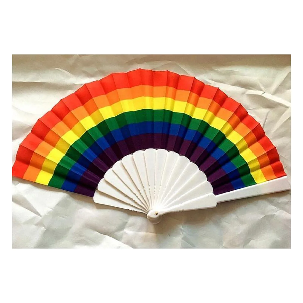 Rainbow folding fan, pride stripes, white ribs — custom printed with a logo