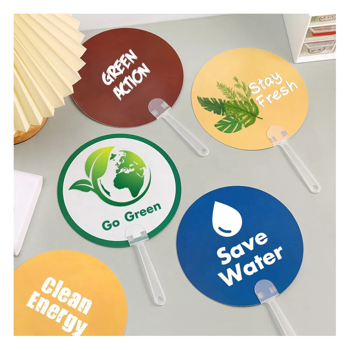Custom printed Custom round paddle fan, full-colour print, PP handle