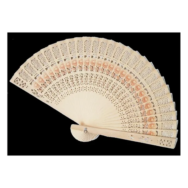 Sandalwood folding fan, natural openwork, custom engraved — design 2