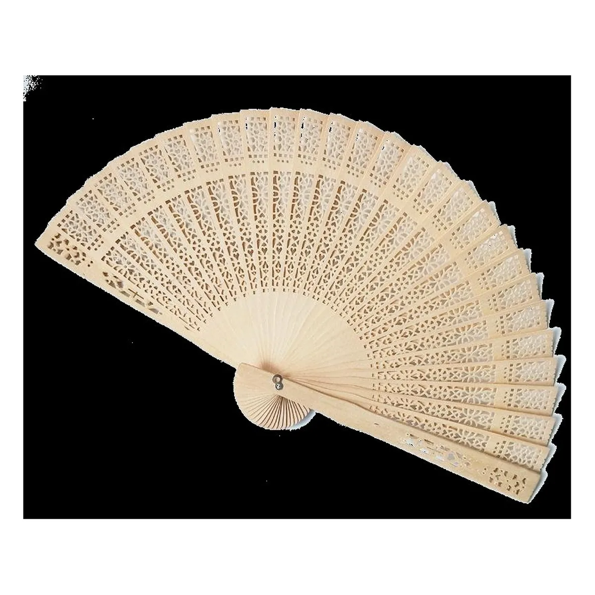 Sandalwood folding fan, natural openwork, custom engraved — custom printed with a logo