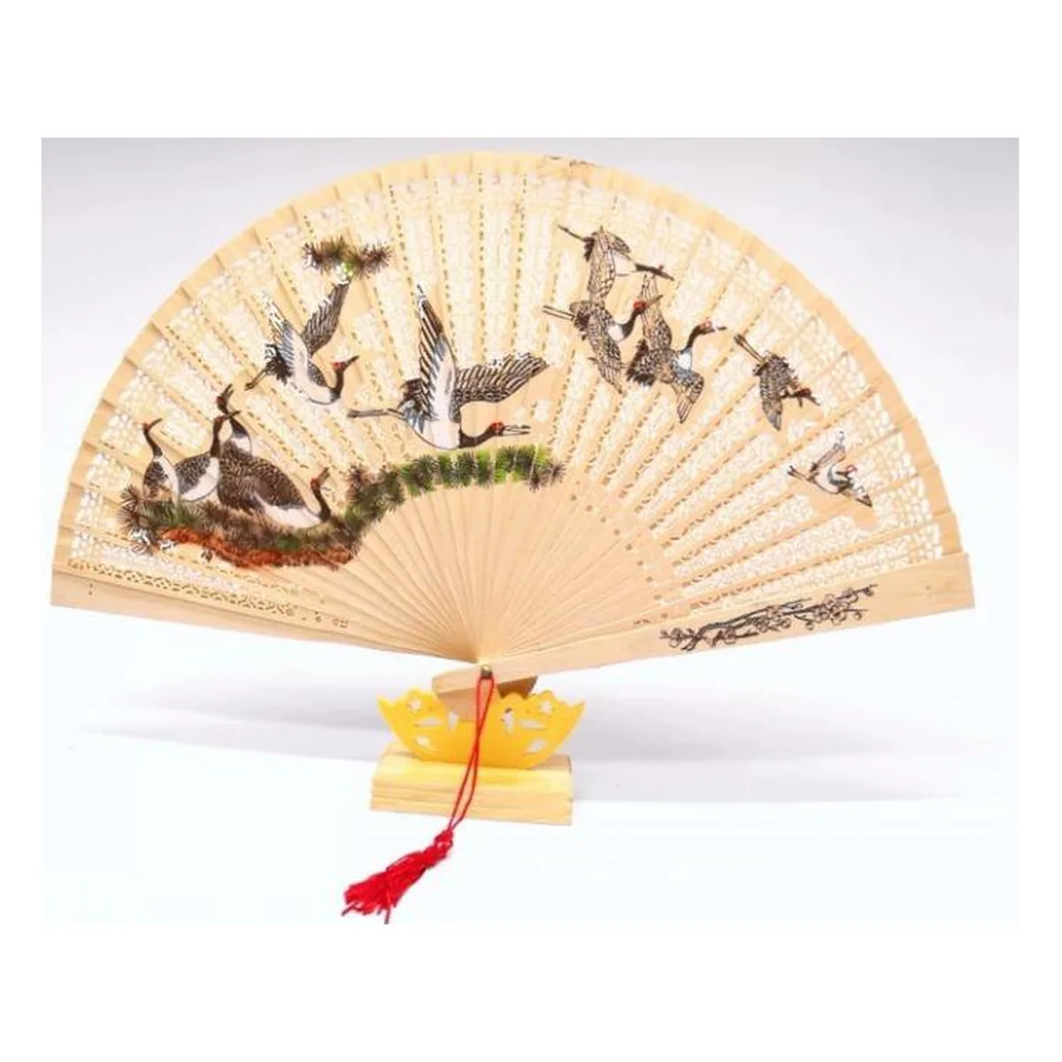 Custom sandalwood folding fan, painted cranes — custom printed with a logo
