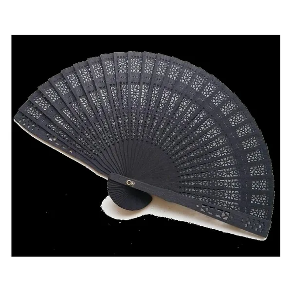 Custom sandalwood folding fan, pink openwork — stock design 5