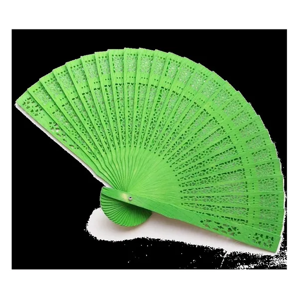 Custom sandalwood folding fan, pink openwork — stock design 6