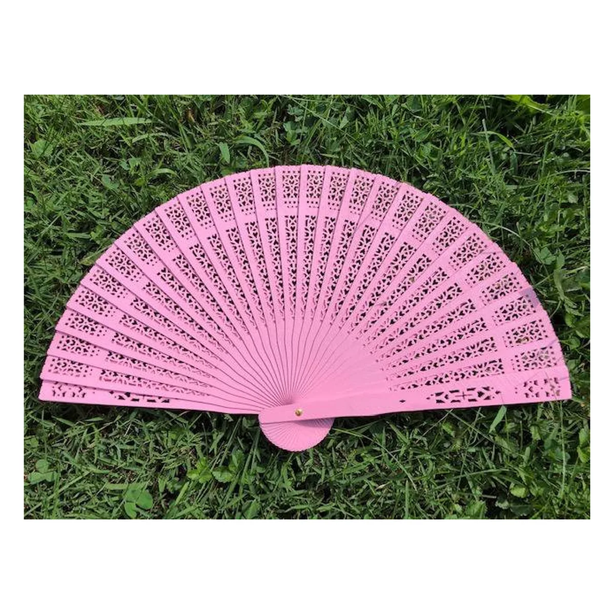 Custom sandalwood folding fan, pink openwork — custom printed with a logo
