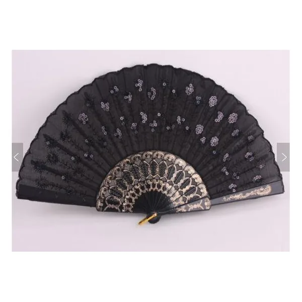 Custom sequin folding fan, blue peacock embroidery — design 2