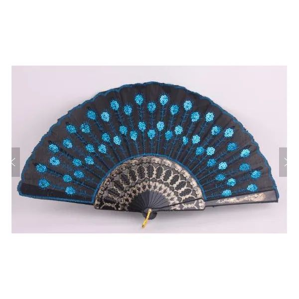Custom sequin folding fan, blue peacock embroidery — design 3