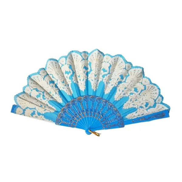 Custom sequin folding fan, blue peacock embroidery — design 4